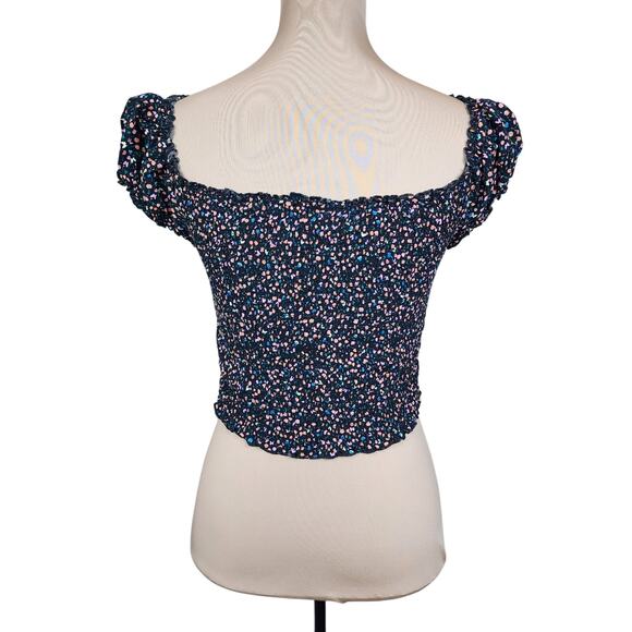 Black Stretchy Smocked Floral Crop Top - Picture 3 of 3